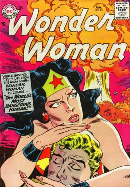 Wonder Woman 95 - Black Hair - Star Tiara - Wide-eyed - Bomb Explosion - Injured Man - Ross Andru