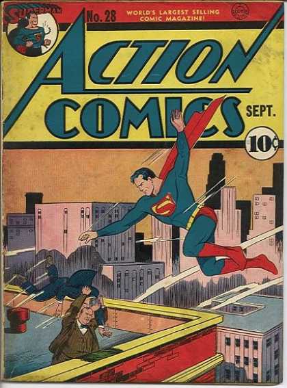 Action Comics 28 - Superman - Flying - Cape - Building - Skyscrapers