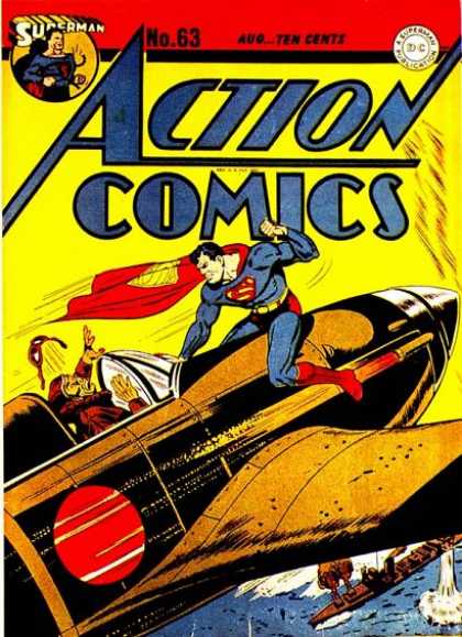 Action Comics 63 - Superman - Villain In Red - Helmet - War Plane - Submarine