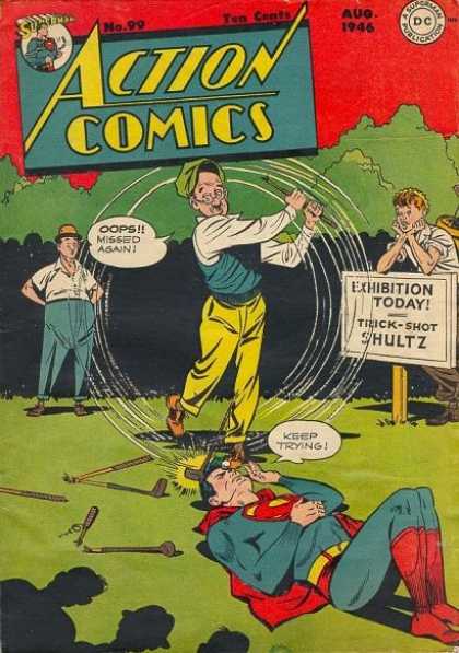 Action Comics 99 - Superman - Golf - Aug 1946 No 99 - Exhibition Today - Broken Clubs