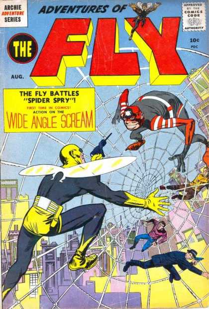 Adventures of the Fly 1 - Archie Adventure Series - Approved By The Comics Code Authority - The Fly Battles Spider Spry - Gun - Wide Angle Scream - Jack Kirby, Joe Simon