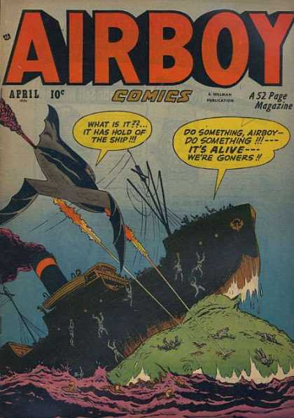 Land Hoe - Shipwreck Comic - Man Overboard - Crashlanded - Somethings Got The Ship Airboy Comics 52 - Land Hoe - Shipwreck Comic - Man Overboard - Crashlanded - Somethings Got The Ship