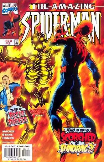 Amazing Spider-Man (1999) 2 - Blazing Skeleton - Spiderman Fighting Skeleton - Man Cowering In Background - Surroundings Burning - Scorching Villain Bones - Andy Kubert, John Byrne