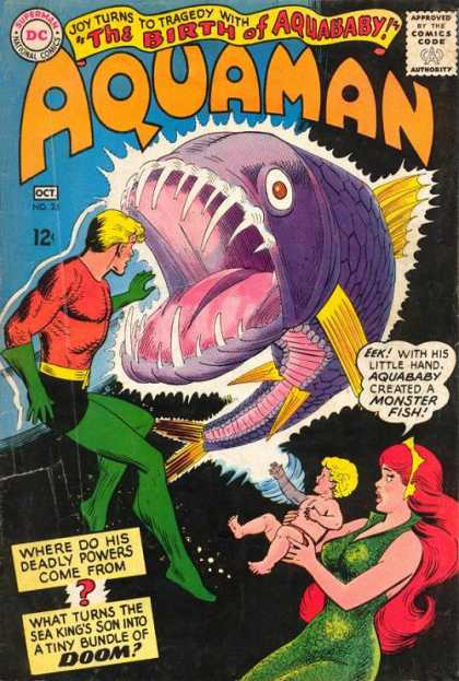Aquaman 23 - The Birth Of Aquababy - Fish - Eek With His Little Hand Aquababy Created A Monster Fish - Where Do His Deadly Powers Come From - Tiny Bundle Of Doom - Nick Cardy, Patrick Gleason