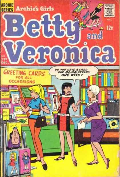 Archie's Girls Betty and Veronica 132 - News Stand - Greeting Cards - Going Steady - Clerk - Books