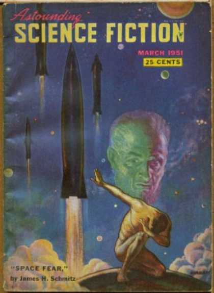 Astounding Stories 244 - March 1951 - Space Fear - James H Schmitz - Man Kneeling - Spaceships Launching