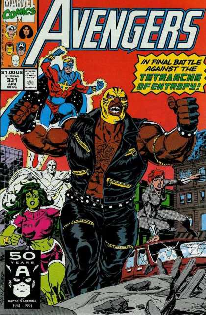 Avengers 331 - Marvel Comics - Battle - Green Woman - Yellow Man - Grey Suit - Paul Ryan
