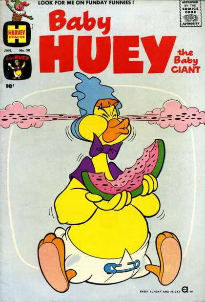 Baby Huey the Baby Giant 30 - Harvey Comics - Approved By The Comics Code - Look Fore Me On Funday Funnies - Bird - Watermelon