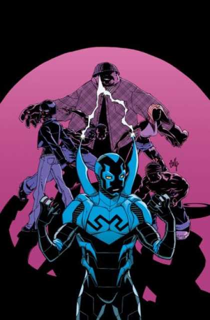 Bestselling Comics (2007) - Blue Beetle by Keith Giffen - Pink Background - Lightning Bolts - Blue Jeans - Shadowy Figures - Conflict