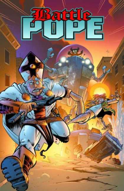 Bestselling Comics (2007) - Battle Pope Volume 4: Wrath Of God (Battle Pope) by Robert Kirkman - Battle - Pope - Machine Guns - Running Away - Buildings