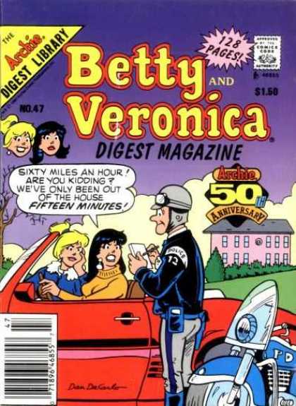 Betty and Veronica Digest 47 - Archie Digest Library - Betty And Veronica - 50th Anniversary - Motorcycle Police Officer - Speeding Ticket