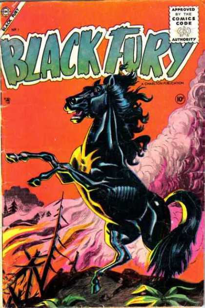 Black Fury 1 - Black Horse - Flames - Smoke - Horse Rearing Back - Forest On Fire