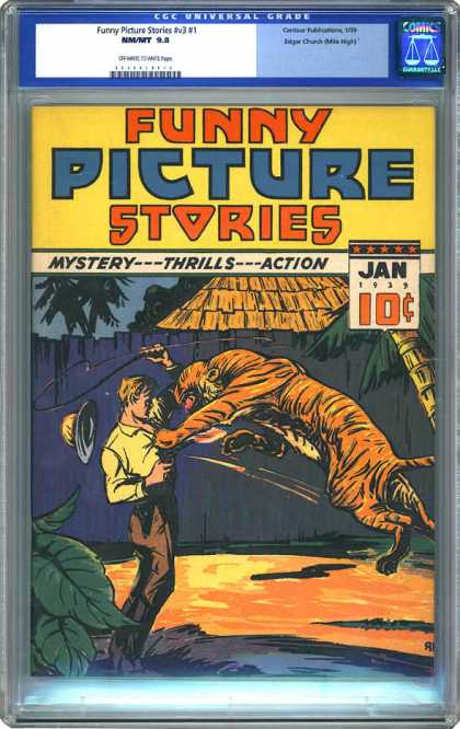 CGC Graded Comics - Funny Picture Stories #v3 #1 (CGC) - Tiger - Whip - Attacking Man - Jungle - Hut