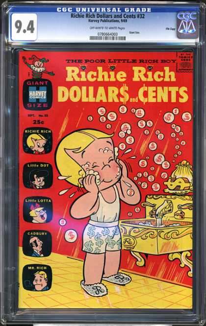 CGC Graded Comics - Richie Rich Dollars and Cents #32 (CGC) - The Poor Little Rich Boy - Harvey Comics - Yellow Hair - Dollar Signs - Monogrammed Slippers