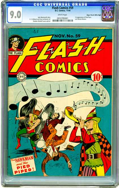 CGC Graded Comics - Flash Comics #59 (CGC) - Pied Piper - Musical Notes - Tartan Skirt - Man Turning Hand Somersault - Hawkman