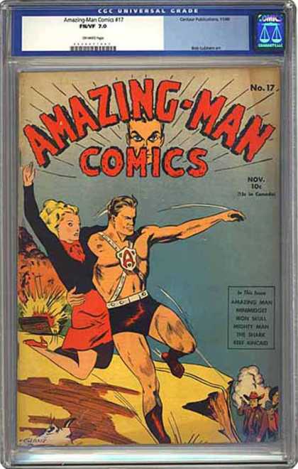 CGC Graded Comics - Amazing-Man Comics #17 (CGC) - Explosion - Cowboy - Smoke - Red Dress - Cliff