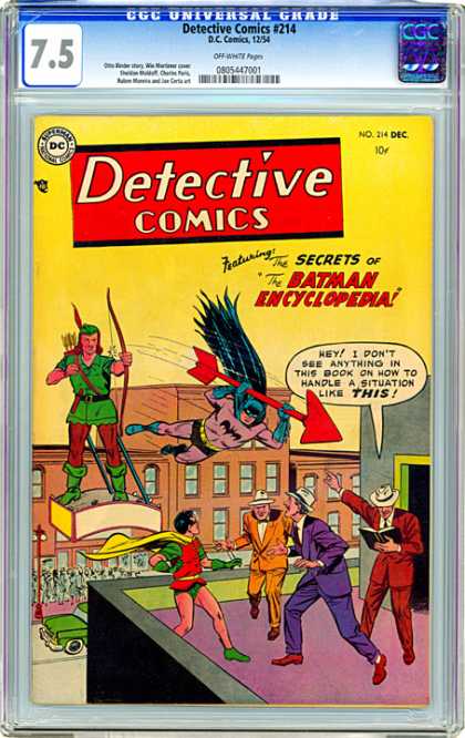 CGC Graded Comics - Detective Comics #214 (CGC) - Giant Red Arrow - Giant Robin Hood - Robin - The Secrets Of The Batman Encyclopedia - 3 Men In Suits