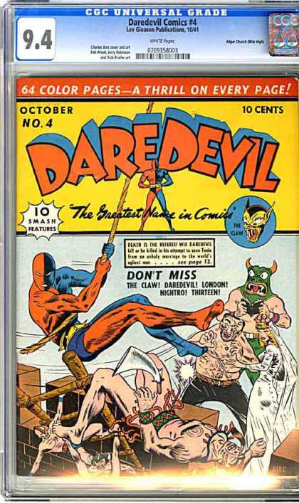 CGC Graded Comics - Daredevil Comics #4 (CGC) - 94 - Dare Devil - 10cents - October No4 - 10 Smash Features