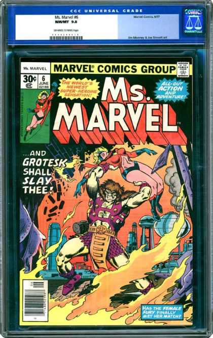 CGC Graded Comics - Ms. Marvel #6 (CGC) - And Grotesk Shall Slay Thee - Hoist - Female Fury - Flames - Unconscious