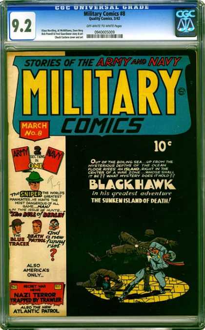 CGC Graded Comics - Military Comics #8 (CGC) - Stories Of The Army And Navy Military Comics - Army And Navy Are Fighting - Black Hawk - The Sunken Island Of Death - March No8