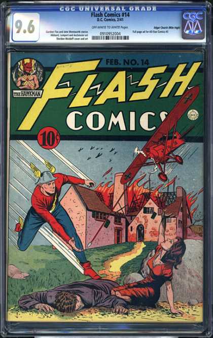 CGC Graded Comics - Flash Comics #14 (CGC) - Red Plane - Hawkman - Burning Building - Pink House - Damsel In Distress