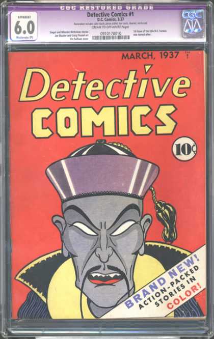 CGC Graded Comics - Detective Comics #1 (CGC) - Stories In Color - Red Background - Detective Comics - Stereotypical Asian Man - Mustache