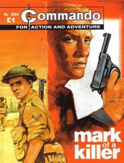 Commando 3844 - Mark Of A Killer - Gun - Soldier - Blond Man - Orange And Red Background