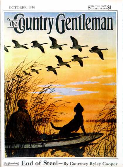 Country Gentleman - 1930-10-01: Geese in Formation Over Marsh (Paul Bransom)