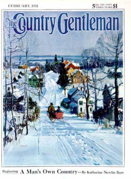 Country Gentleman - 1931-02-01: Sleigh on Snowy Village Street (Baum)