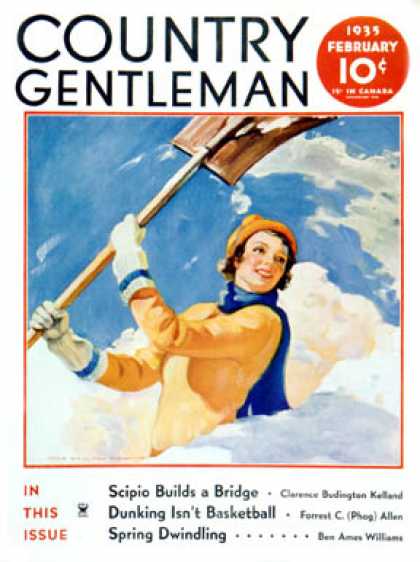 Country Gentleman - 1935-02-01: Woman Shoveling Snow (John Newton Howitt)