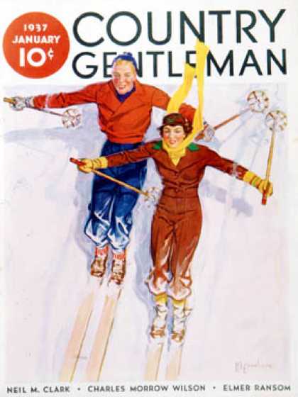 Country Gentleman - 1937-01-01: Couple Downhill Skiing (R.J. Cavaliere)