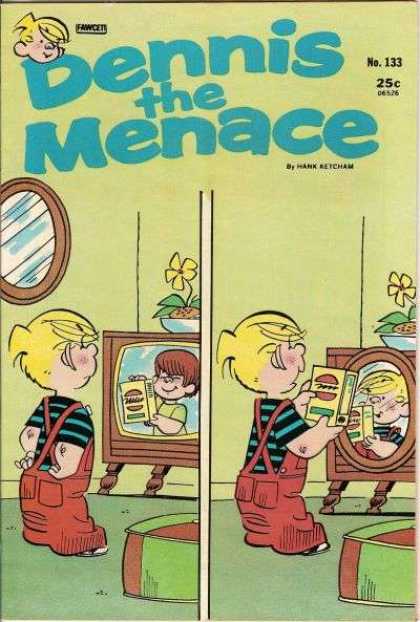 Dennis the Menace 133 - Mirrow - Television Set - Red Overalls - Striped Shirt - Yellow Flowering Plant