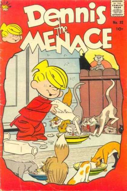 Dennis the Menace 32 - Cats - Milk - Bowls - Fence - Pouring