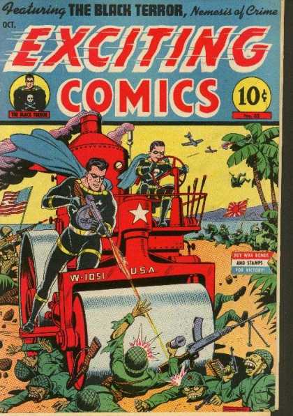 Exciting Comics 35 - The Black Terror - Steam Roller Running Over Soldiers - American Flag - Japanese Flag - Young Boy In Black Outfit - Alex Schomburg