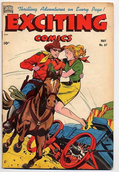 Exciting Comics 67 - Girl - Cowboy - Wagon - Horse - Cliff - Alex Schomburg