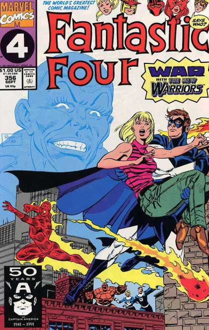 Fantastic Four 356 - Human Torch - Big Blue Face - Billboard - Brick Building - Fireball - Paul Ryan