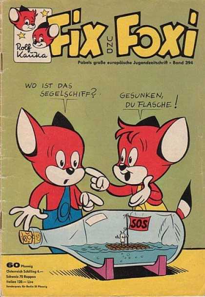 Fix und Foxi 394 - German Comic - Fix Und Foxi - Life Raft In A Bottle - Foxes In Overalls - Sos