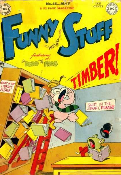 Funny Stuff 45 - Book Shelf - Falling Books - Red Ladder - Frog - Library