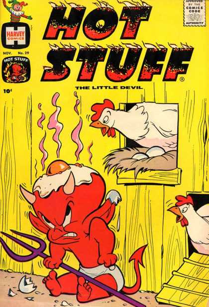 Hot Stuff 29 - Little Devil - Frying Egg - Hen Sitting On Eggs - Purple Pitchfork - Yellow Henhouse