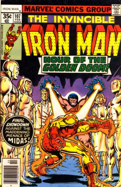 Iron Man 107 - Marvel - February - Hour Of The Golden Doom - 35 Cents - Midas - Bob Wiacek, Dave Cockrum