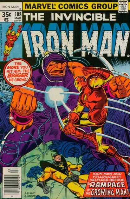 Iron Man 108 - Marvel Comics Group - The More You Hit Him - The Bigger He Grows - Rampage Of The Growing Man - Invinciple - Yellowjacket - Joe Sinnott