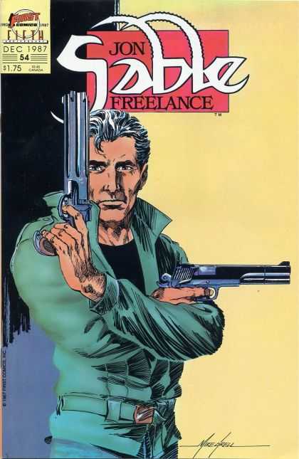 Man - Guns - Posing - Black Shirt - Green Jacket - Mike Grell Jon Sable Freelance 54 - Man - Guns - Posing - Black Shirt - Green Jacket - Mike Grell