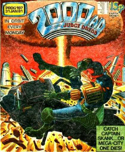 Judge Dredd - 2000 AD 197 - Captain Skank - In Orbit Every Monday - Mega-city - Green Gloves - Black Robot Creature