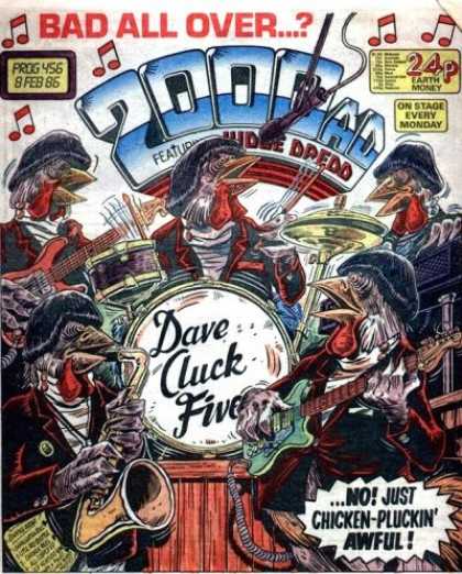 Judge Dredd - 2000 AD 456 - Dave Cluck Five - February 1986 - Chicken Plucking Awful - Chickens Playing Music - Roosters