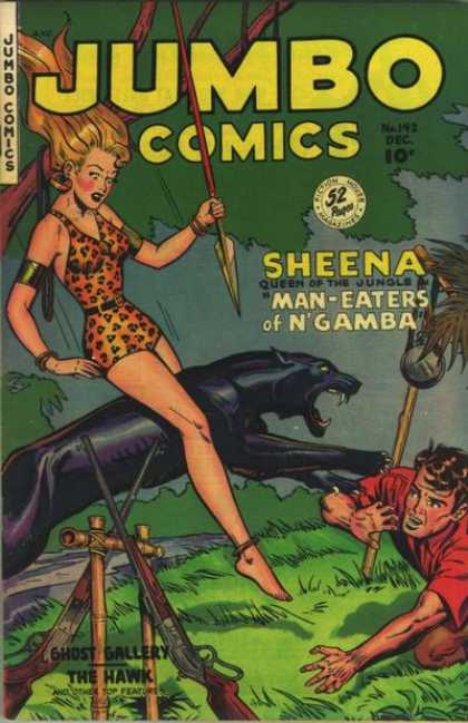 Sheena Queen Of The Jungle - Man-eaters Of Ngamba - Black Panther - Guns And Spear - Leopard Print Bodysuit Jumbo Comics 142 - Sheena Queen Of The Jungle - Man-eaters Of Ngamba - Black Panther - Guns And Spear - Leopard Print Bodysuit