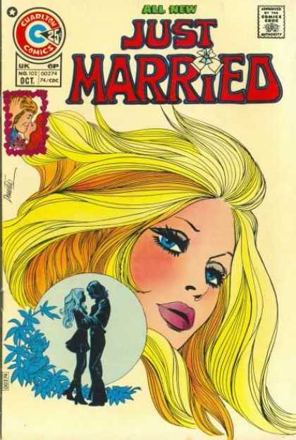 Just Married 102 - Bland Hair - All New - Blue Eyes Dark Lashes - Man And Worman Touching - Blue Flower Vine