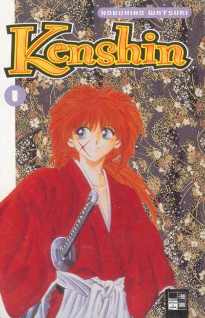 Kenshin 1 - Flowery Background - Ninja Warrior - Red Robe - Samuri Sword - Red X On Cheek