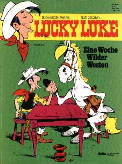 Lucky Luke 52 - Arm Wrestling - Cowboy - White Horse - Saddle - Wooden Table