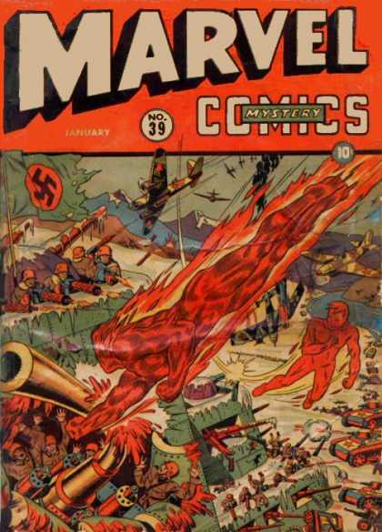 Marvel Comics 39 - Human Torch - Swastika - Airplane - Army - Tanks