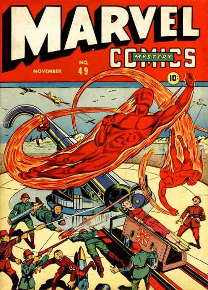 Marvel Comics 49 - Airplanes - Woman Tied Up - Army - Cannon - Flaming Men